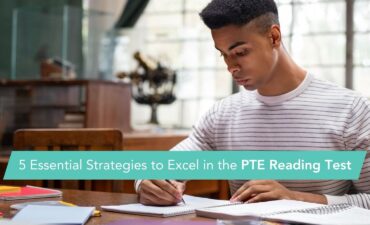 Boy writing and 5 Essential Strategies to Excel in the PTE Reading Test written in the front
